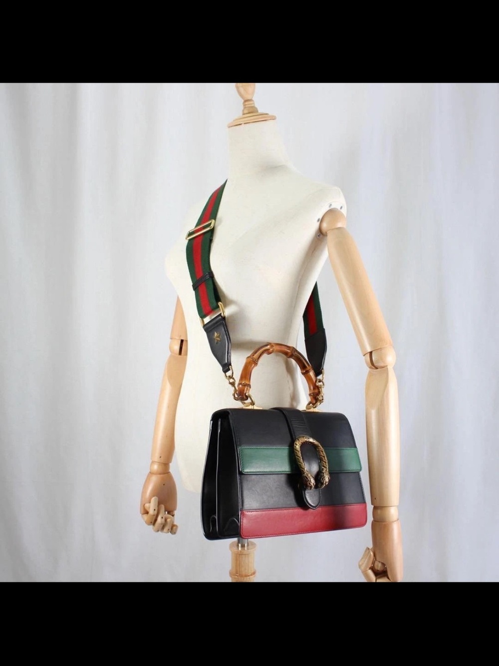 Gucci Black Leather Satchel with Green & Red Web and Bamboo Handle - Picture 15 of 16
